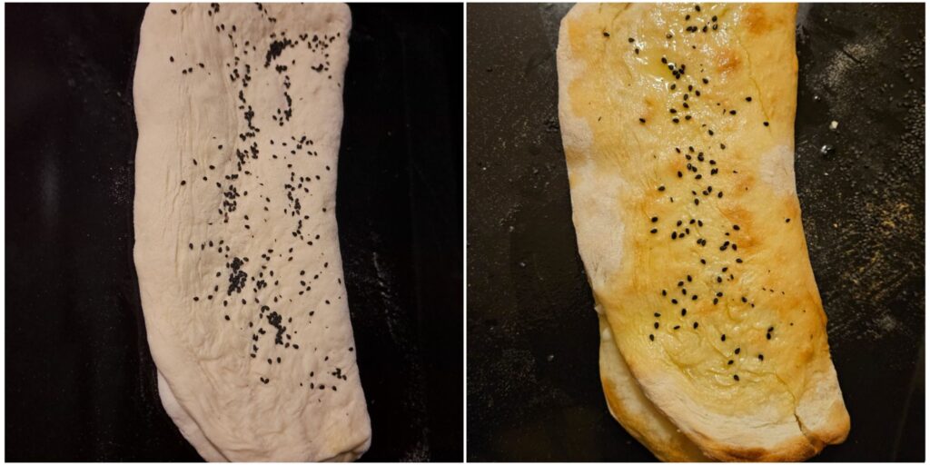 Folded dough before baking shown next to folded dough after baking on a flat tray.