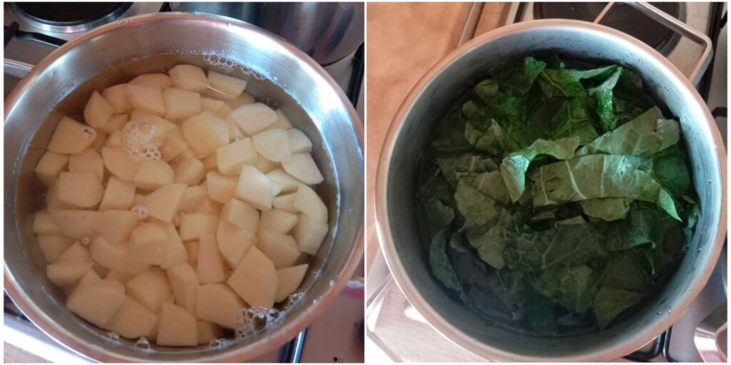 Split image showing potatoes boiling in a pot on one side and collard greens cooking in another pot on the other side.