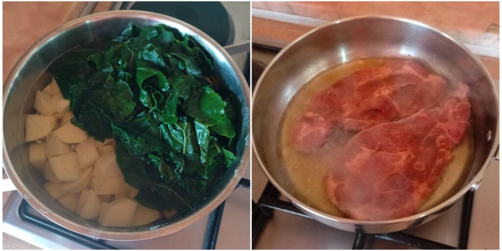 Split image showing collard greens being added to the boiling potatoes on one side and boneless pork neck chops frying in a pan on the other side.