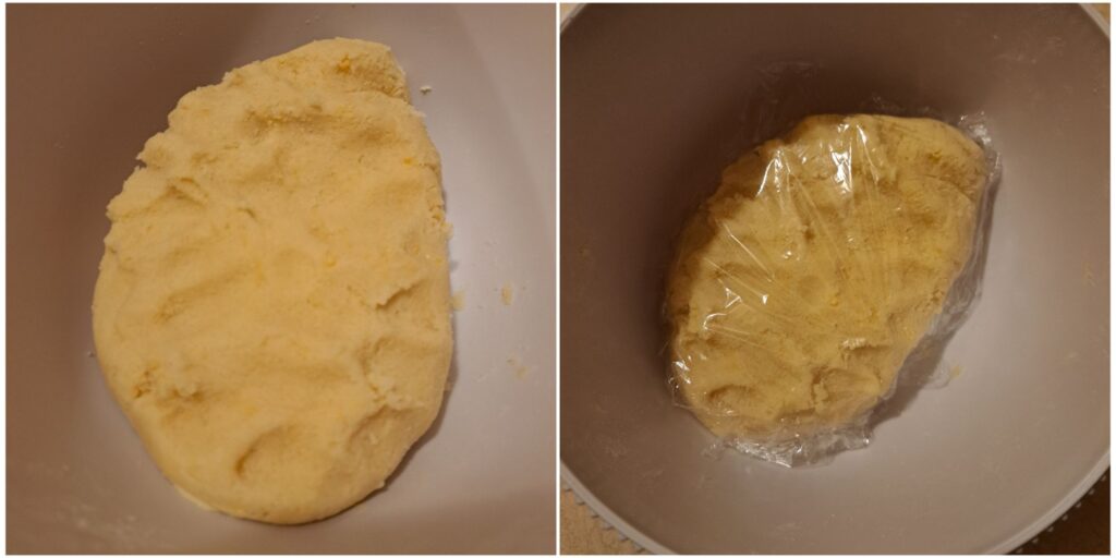 Freshly prepared tart dough shown as a smooth ball and wrapped in foil ready for chilling.