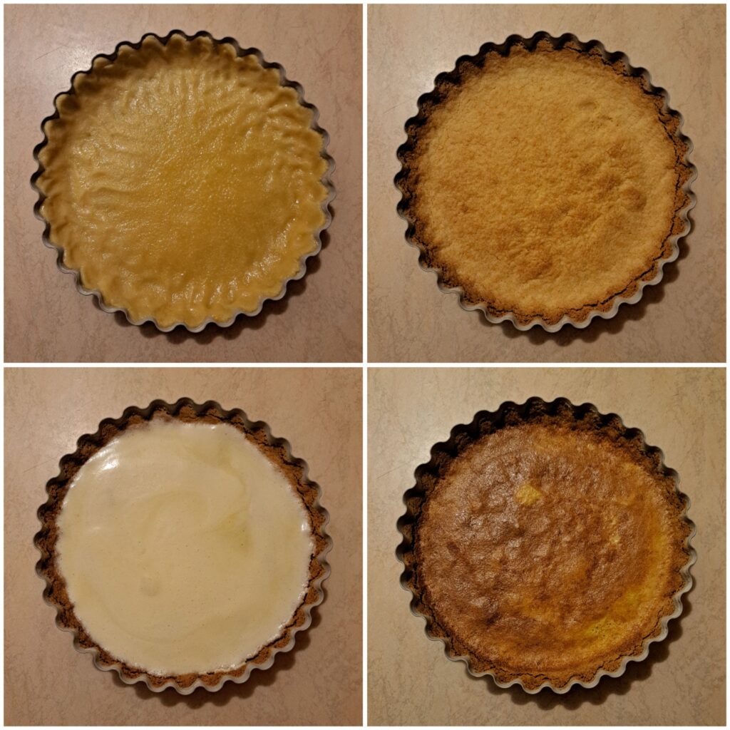 Step-by-step tart preparation showing pressed dough in a tart pan, baked crust, and filling baked until set.