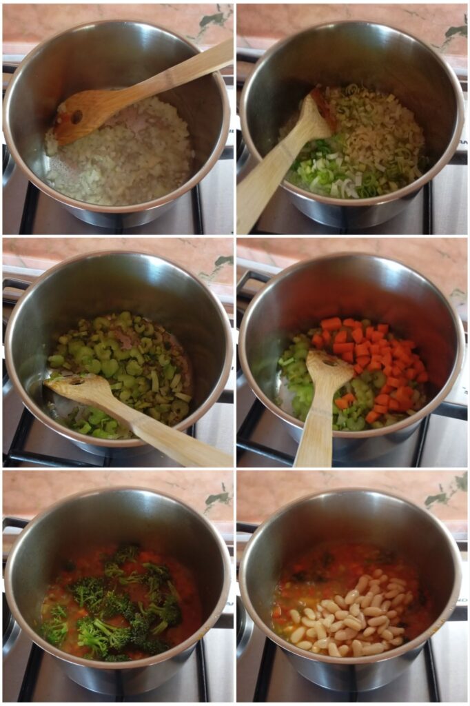 Step-by-step images showing vegetables sautéed, liquids added, broccoli stirred in, and beans added near the end of cooking.