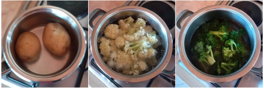 Potatoes boiling in water, cauliflower florets cooking until tender, and broccoli gently boiling in a saucepan.