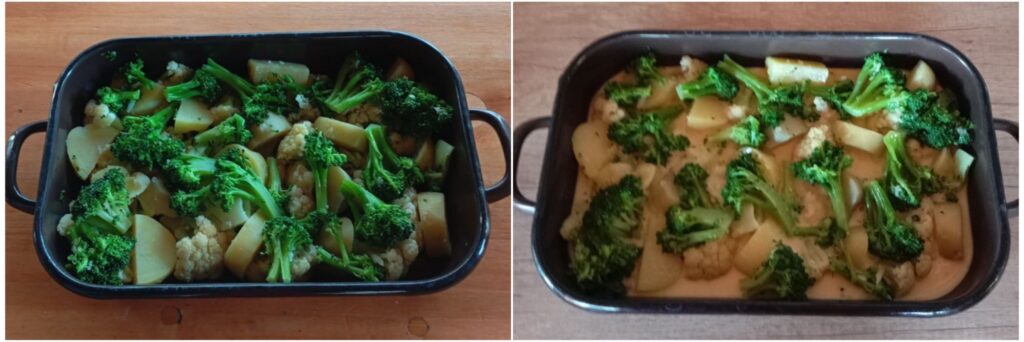 Boiled vegetables arranged evenly in a baking dish, then covered with a smooth mixture of beaten eggs and milk.