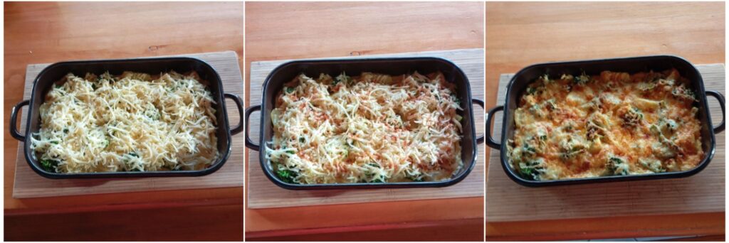 Grated cheese added on top, a light sprinkle of ground red paprika, and the finished Vegetable Egg Cheese Moussaka baked until golden.