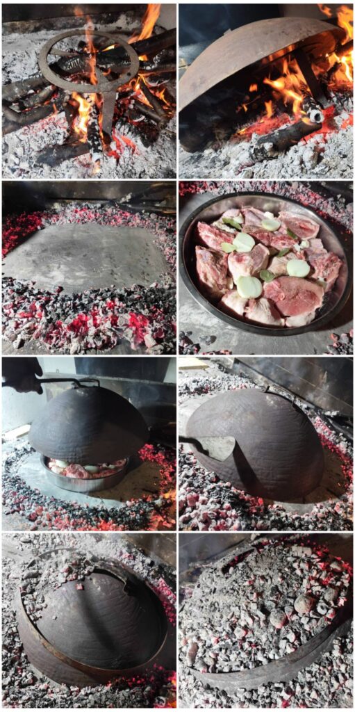 Suckling Pig Peka Style preparation showing hot embers on concrete, placing the pan with meat, covering with lid, and adding embers on top.