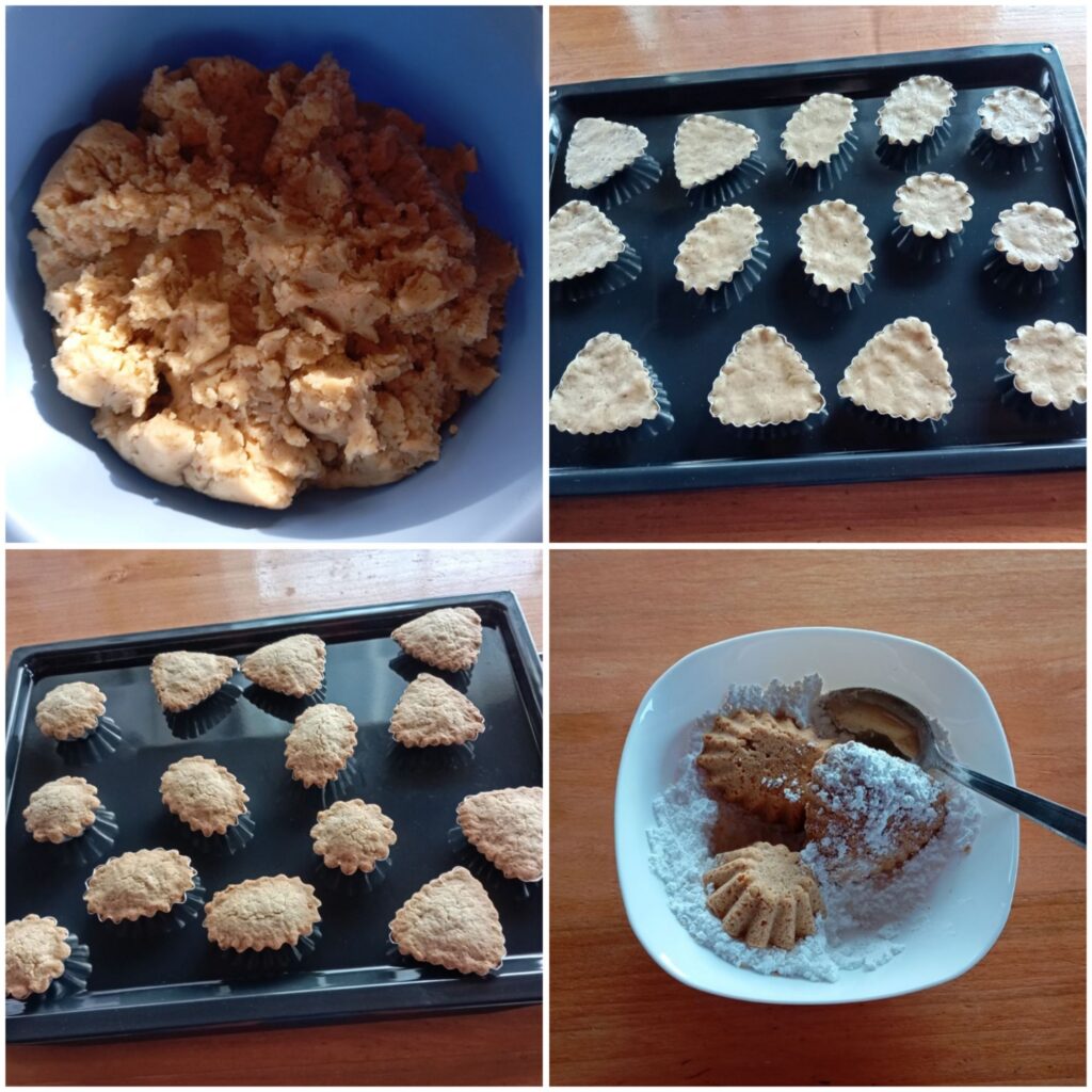 Four-step collage showing cookie dough, filled molds before baking, baked cookies, and rolling cookies in powdered sugar.