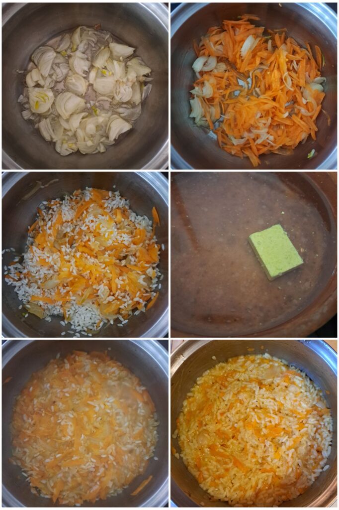 Step-by-step collage showing the preparation of rice in a cooking pot.