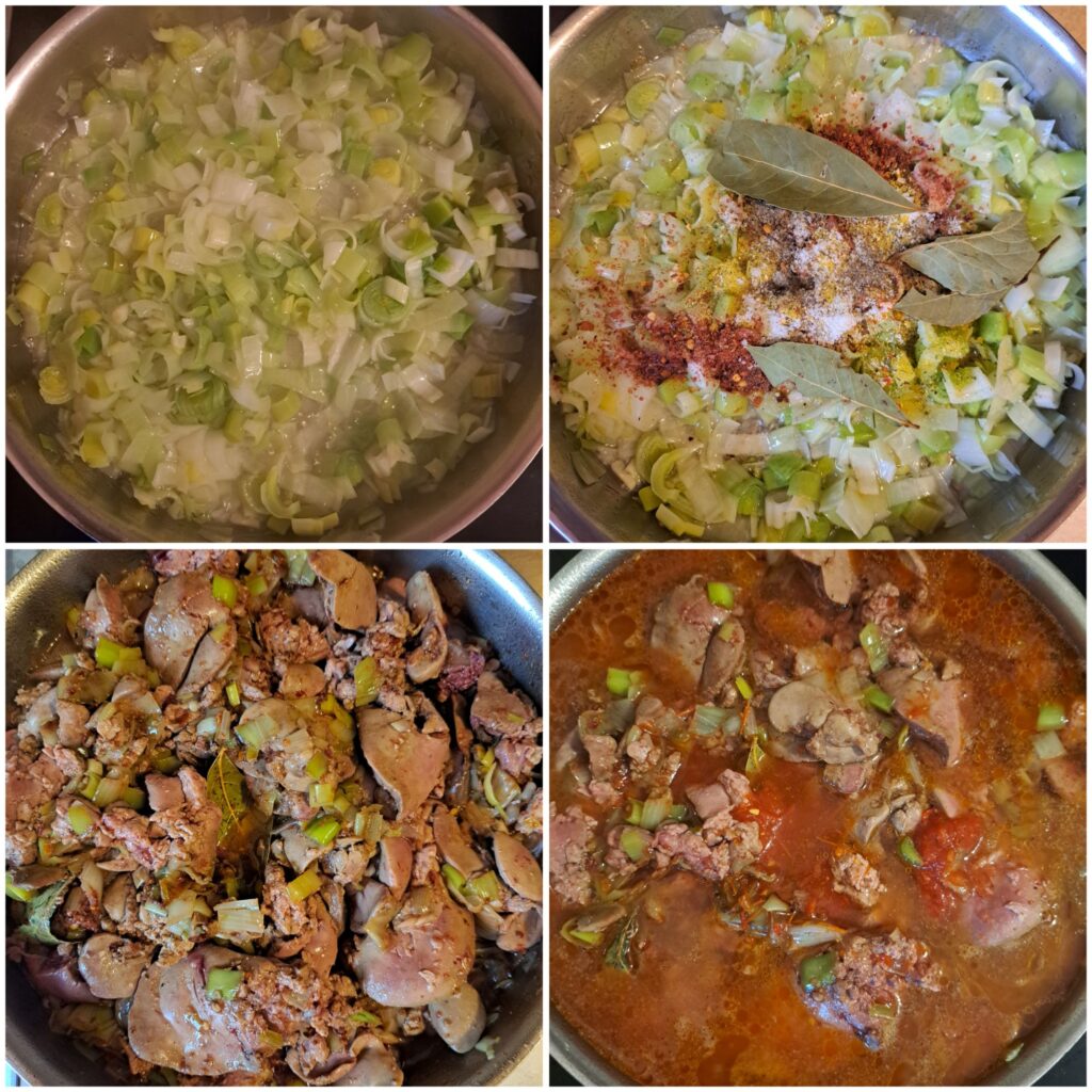 Step-by-step collage showing the preparation of braised chicken livers in a pan.