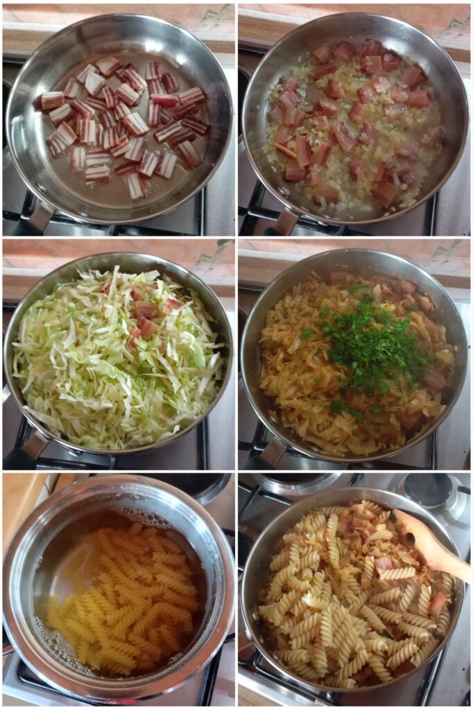 Six-step collage showing frying pancetta, adding onion and cabbage, seasoning, and mixing cooked pasta with the cabbage in the pan.
