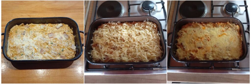 Three-step collage showing the mixture placed in a baking dish, topped with grated cheese, and baked until golden.