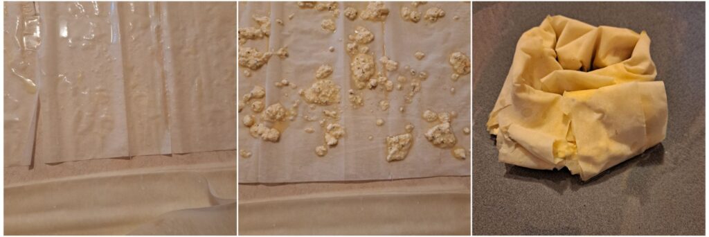 Step-by-step view showing phyllo sheets brushed with butter and oil, sprinkled with sparkling water and baking powder, then filled with cheese mixture and rolled.