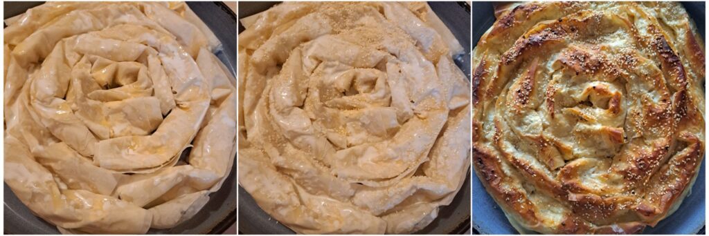 The arranged pie in a round baking pan before baking and the same pie after baking, with a golden and evenly baked surface.