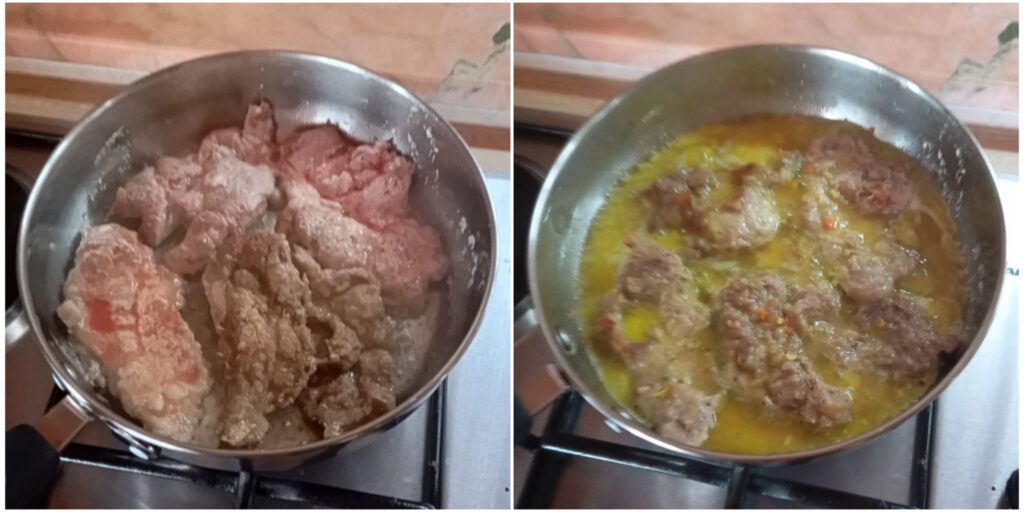 Pork schnitzels frying gently in a pan while a flour and water mixture is added to create a light sauce.