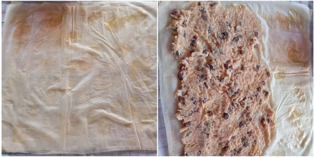 Two combined images showing butter being brushed onto phyllo sheets and apple raisin filling being spread before rolling the strudel.