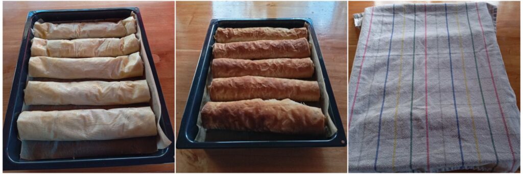 Three combined images showing apple raisin phyllo strudels arranged in a tray before baking, after baking until golden, and covered with a cloth to soften.