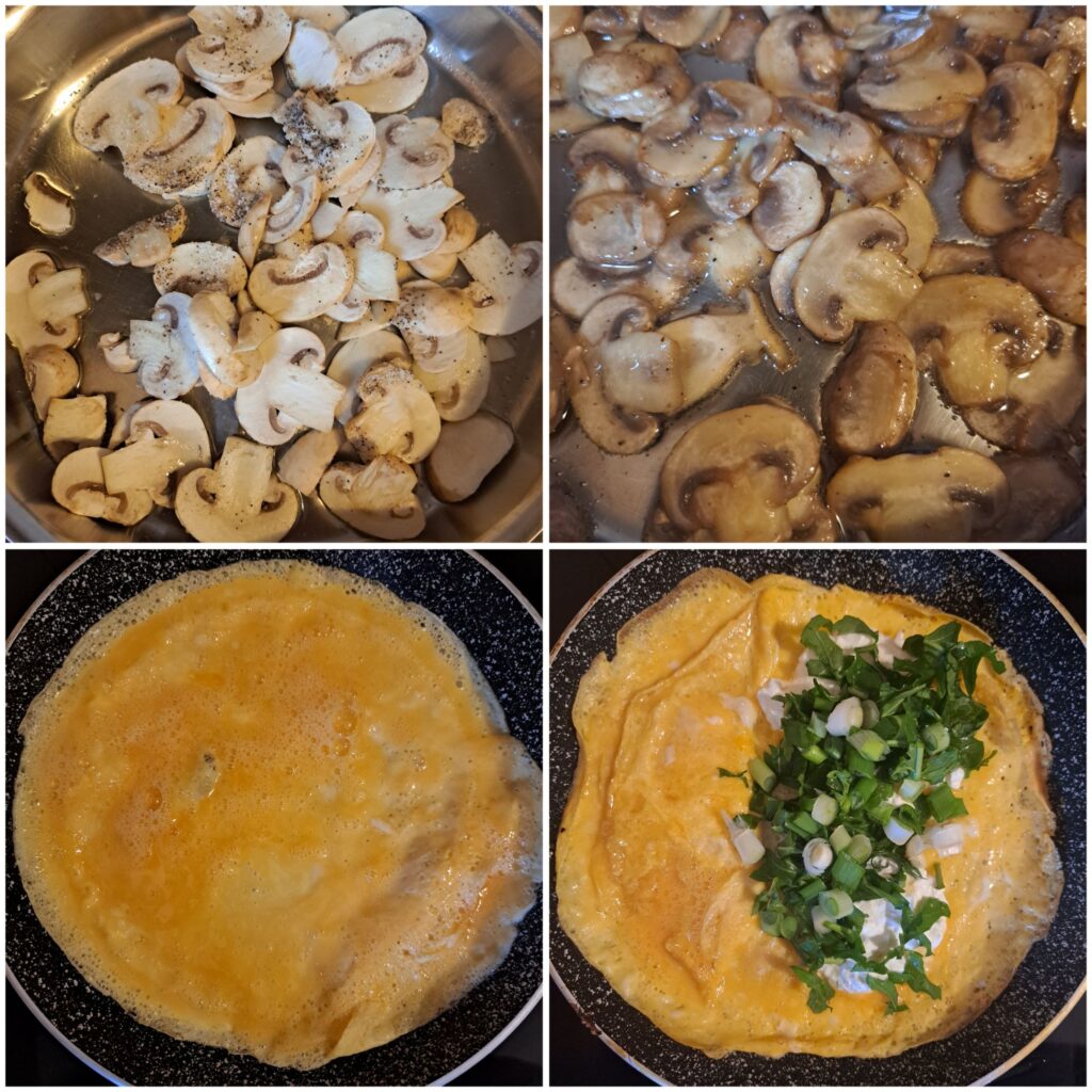 Collage showing four stages: sliced mushrooms being sautéed, mushrooms fully cooked in a pan, whisked eggs poured into a pan, and fresh ingredients including arugula, scallion, mushrooms, and sour cream placed on the eggs before folding.
