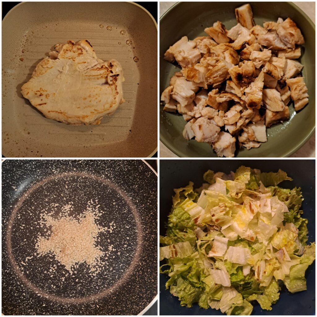 Four-step collage showing the preparation: chicken grilling on a pan, sliced chicken pieces, chopped lettuce with balsamic vinegar and olive oil, and sesame seeds toasting in a pan.