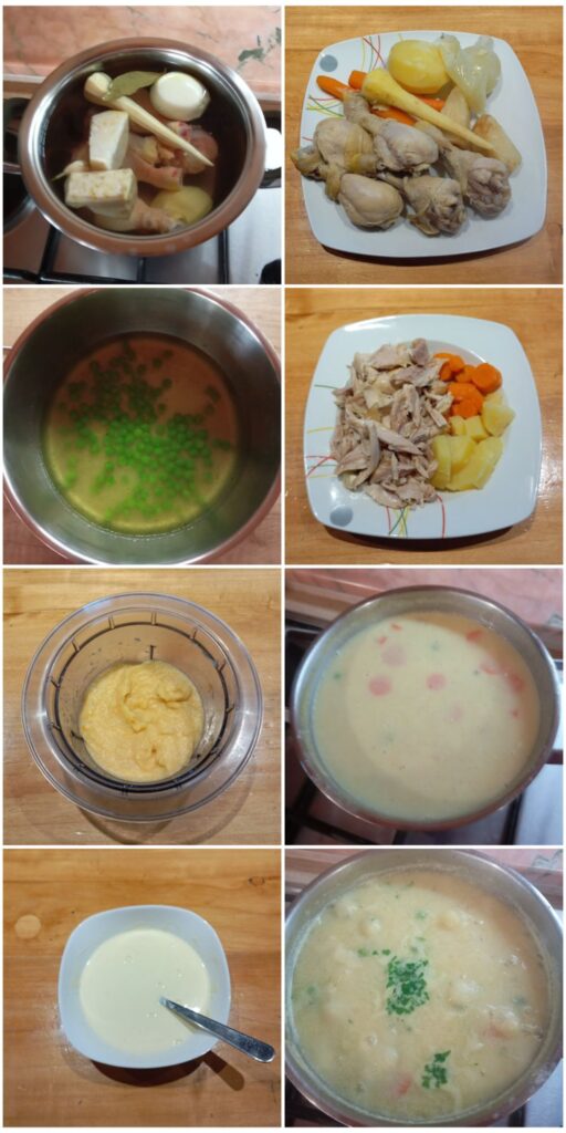 Collage of eight images showing key steps of preparing the soup, from boiling ingredients to final seasoning.