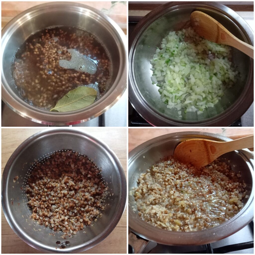 Collage showing buckwheat boiling in water, draining, onions being sautéed, and buckwheat added with vegetable broth.