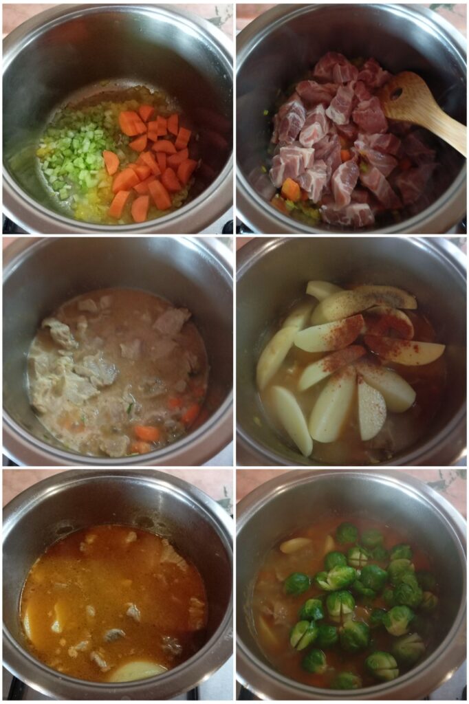 Six images showing the stew preparation: sautéing onion, celery, carrot, and garlic; adding pork pieces; stirring in tomato and spices; adding potatoes; boiling Brussels sprouts; and combining all ingredients in the pot.
