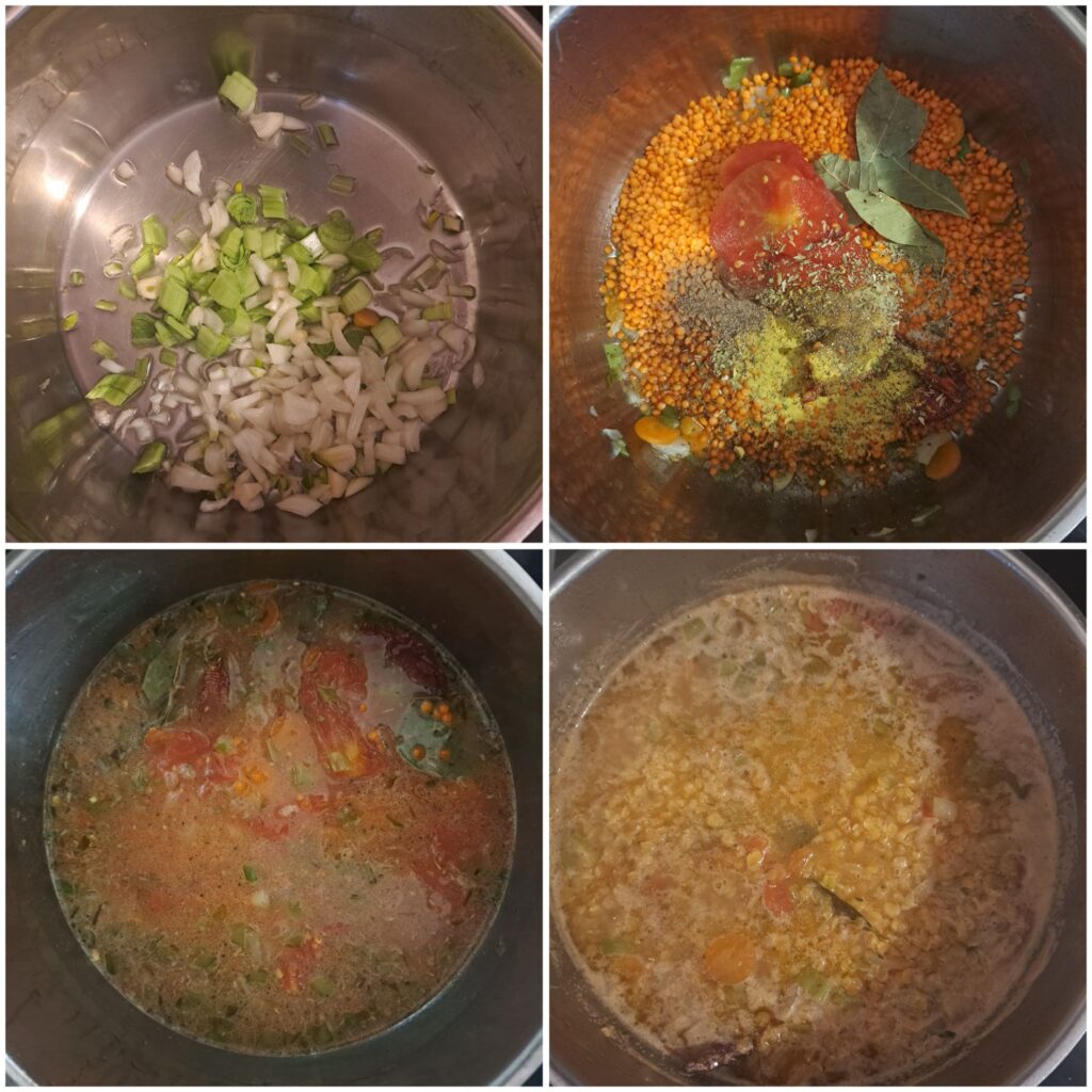 Collage of four images showing the preparation of simple red lentil soup: sautéing onion, leek, and carrot; adding red lentils and other ingredients; adding water to the pot; and simmering the soup until lentils are tender.