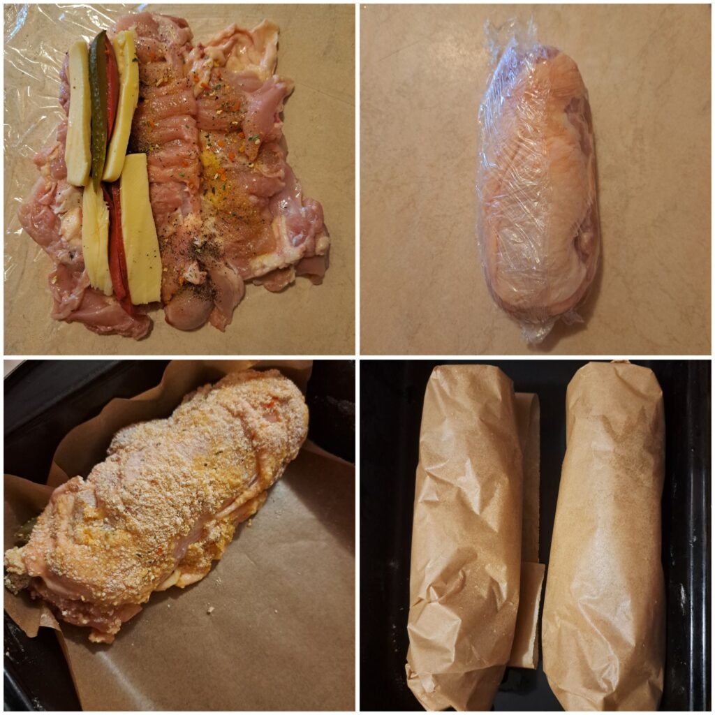 Collage showing four preparation steps for Crispy Stuffed Chicken Thighs: seasoning the boneless chicken thighs, adding cheese with red pepper and pickles, rolling tightly in foil, and wrapping each roll in parchment paper before baking.