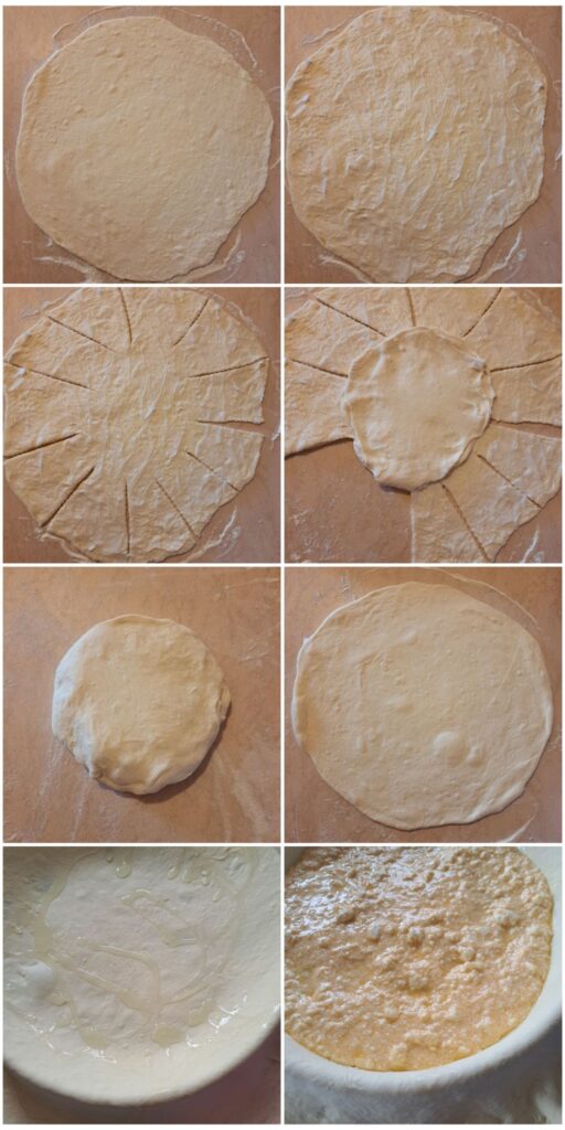Eight-step collage showing dough rolled out, edges cut like sun rays, dough folded, and filling added evenly before final shaping.