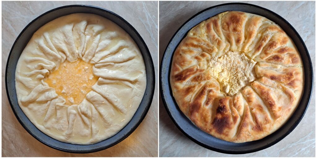 Round pastry in baking pan before and after baking, showing golden surface and folded edges surrounding an open center with filling.