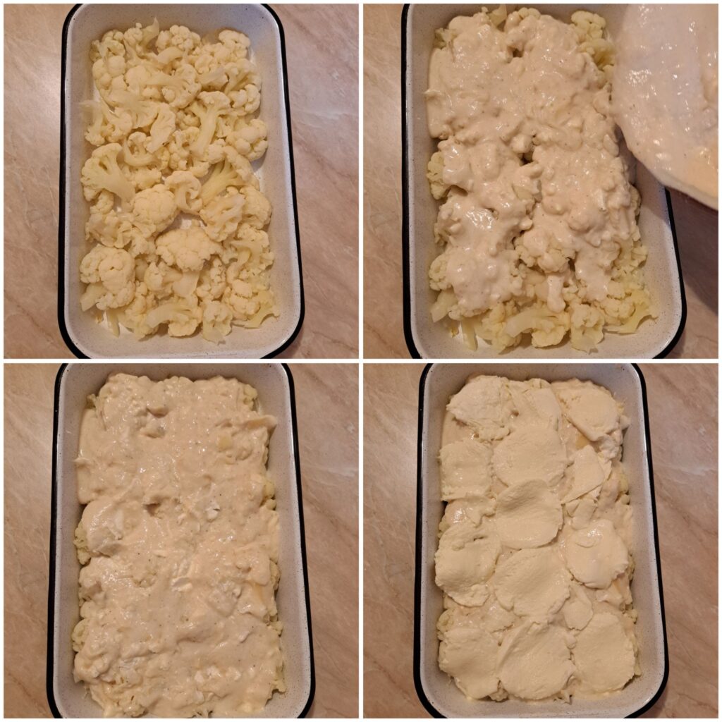 Collage showing cauliflower arranged in a baking dish, creamy sauce poured over it, and sliced mozzarella placed on top before baking.