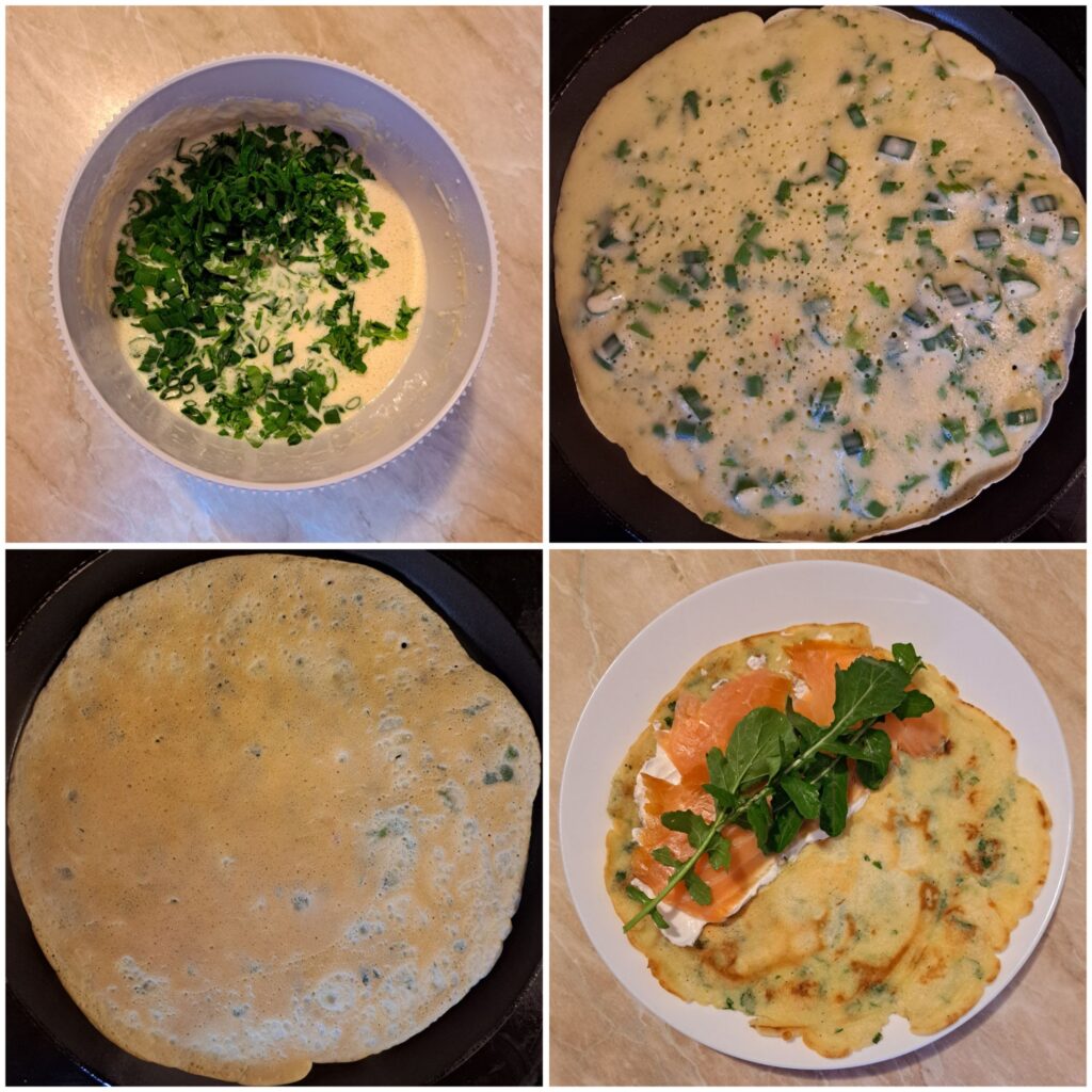 Collage showing crepe batter preparation, cooking thin crepes in a pan, and adding sour cream, arugula, and smoked salmon before rolling.
