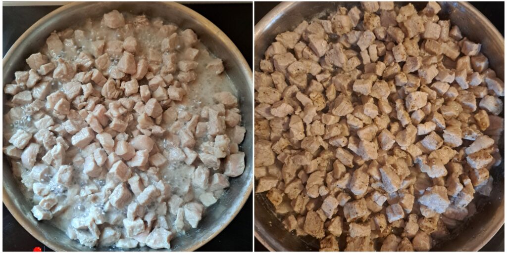 Two combined images showing pork cubes cooking in a pan and the same meat seasoned with salt and black pepper.