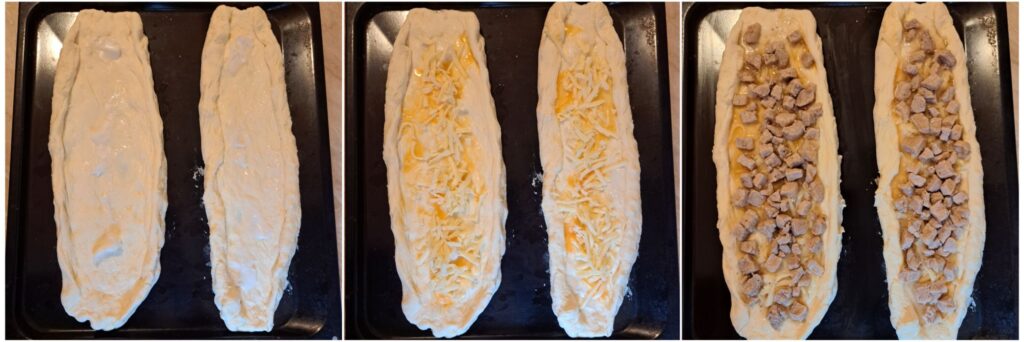 Three combined images showing dough brushed with pork lard, topped with beaten eggs and grated cheese, and finished with cooked pork and its juices.