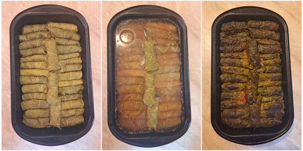 Three combined images showing rolled grape leaves arranged in a baking tray, covered with water, and fully baked after cooking in the oven.