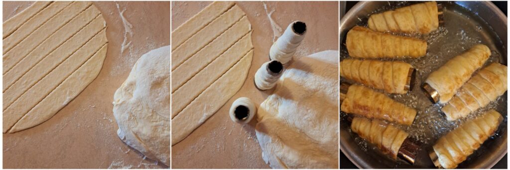 Collage of three steps showing dough cut into strips, strips wrapped around metal cone molds, and pastry cones frying in hot oil.