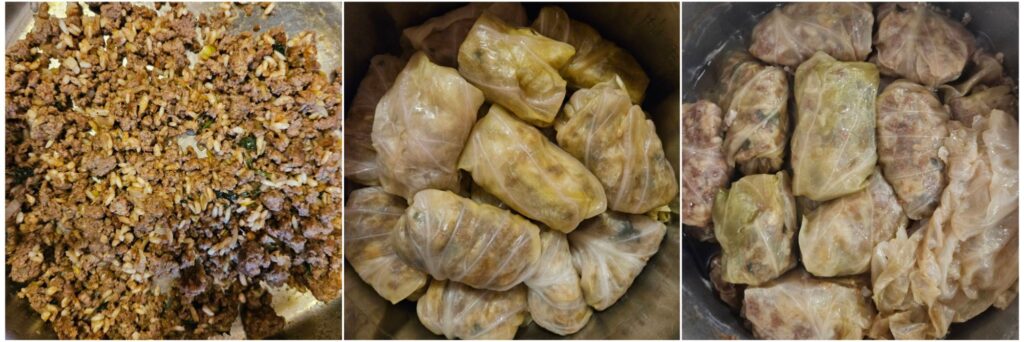 Meat and rice filling mixture, cabbage rolls arranged in a deep pot before cooking, and cooked cabbage rolls after simmering.