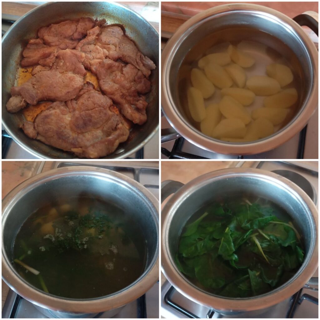 Collage showing frying pork chops in a pan, boiling potatoes in a pot, and adding chard, fennel, and wild garlic during cooking.