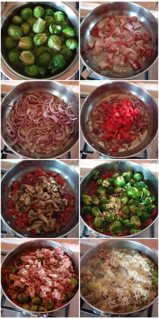 Collage of eight preparation steps showing cooking process with bacon, vegetables, eggs, and melted cheese in a pan.