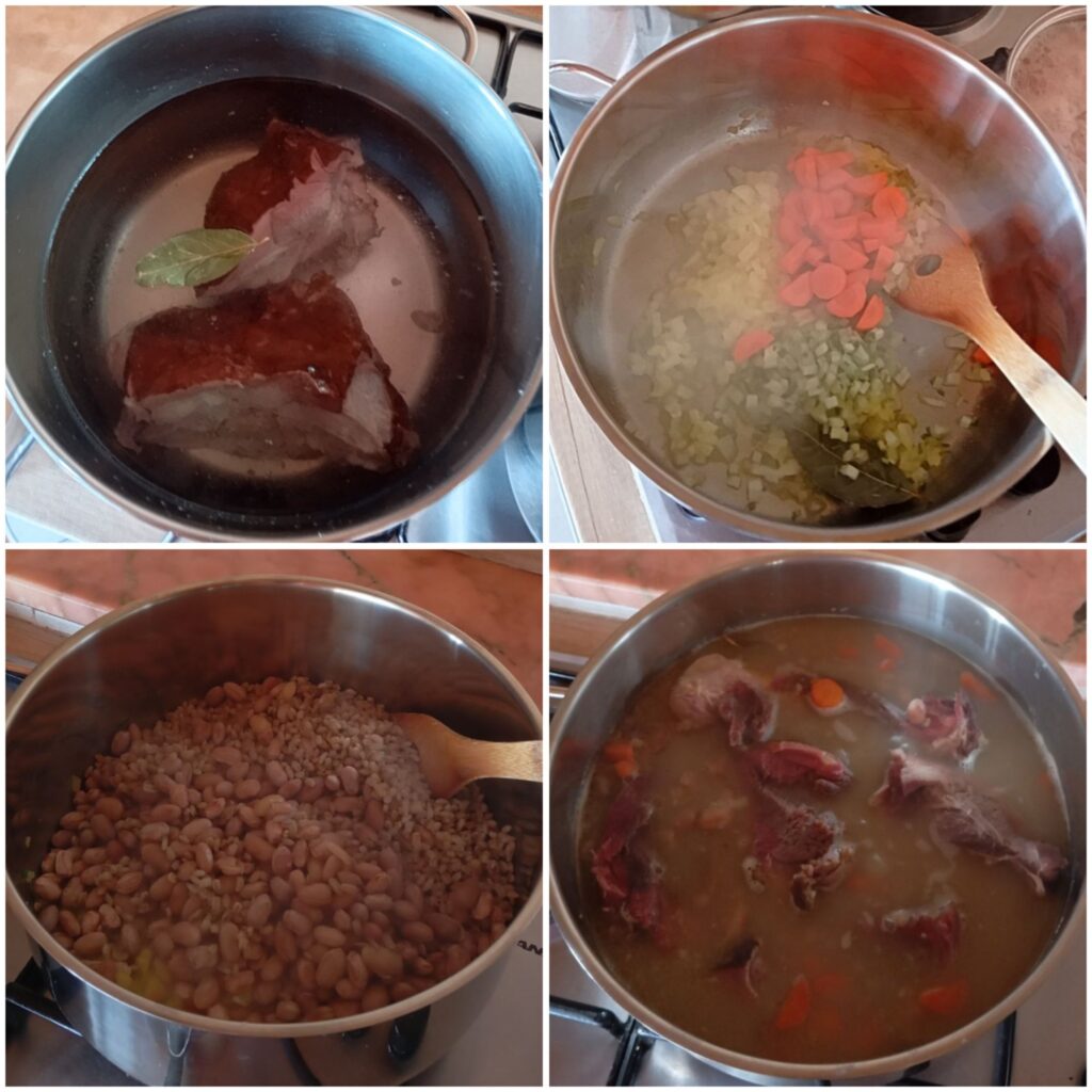Collage of four cooking steps showing boiling meat, sautéing vegetables, adding beans and barley, and finishing the soup in a pot.