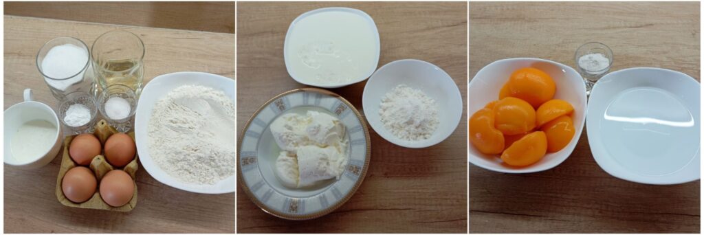 Combined image of ingredients for peach custard cake delight including eggs, sugar, flour, milk, pudding, sour cream, and peach halves.