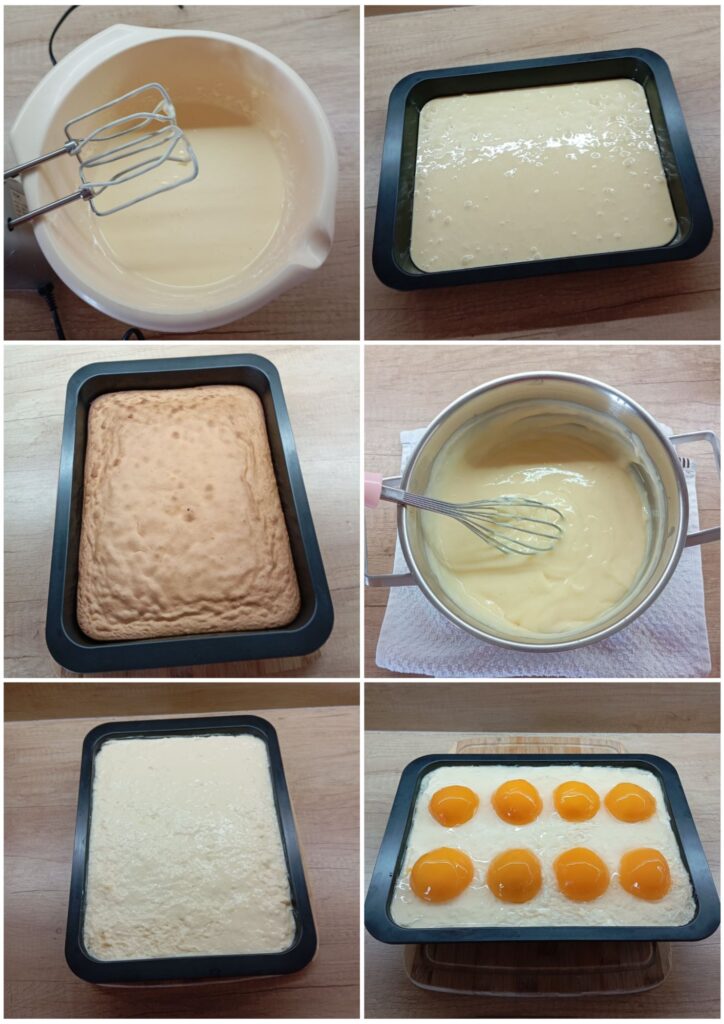 Collage of six steps showing mixing batter, baking cake, preparing cream, soaking with compote juice, adding peaches, and pouring glaze.