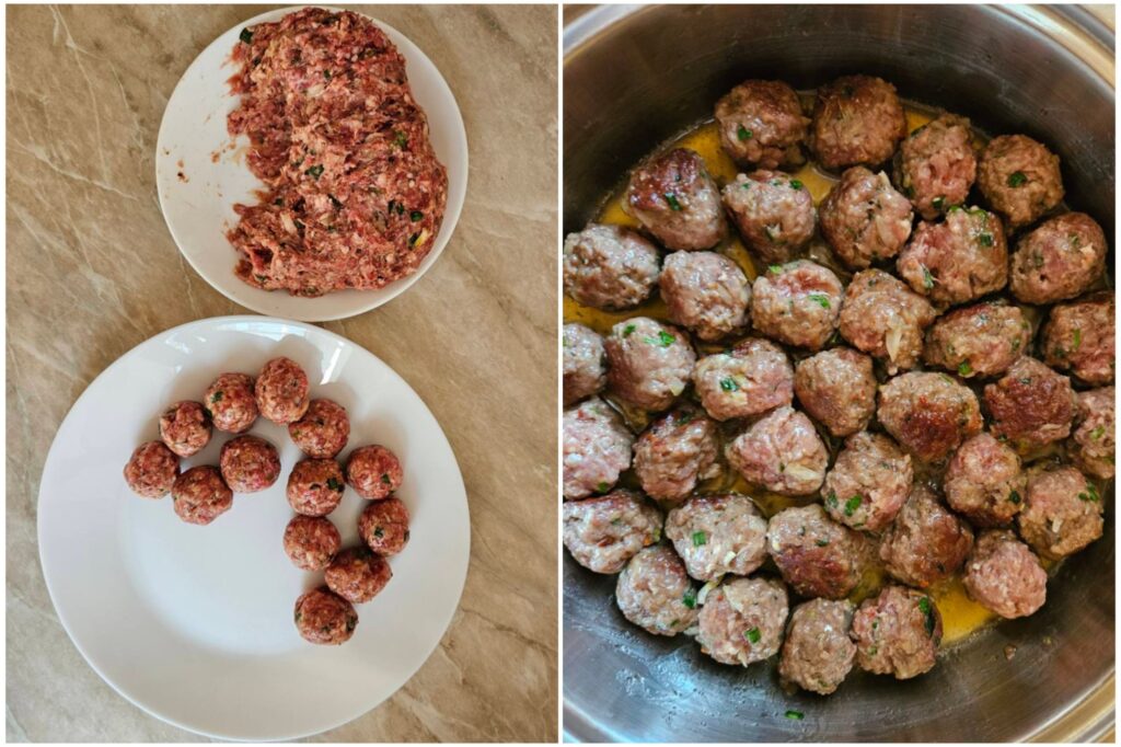 Combined image showing seasoned meat mixture being shaped into small meatballs and the meatballs frying in a pan until golden brown.