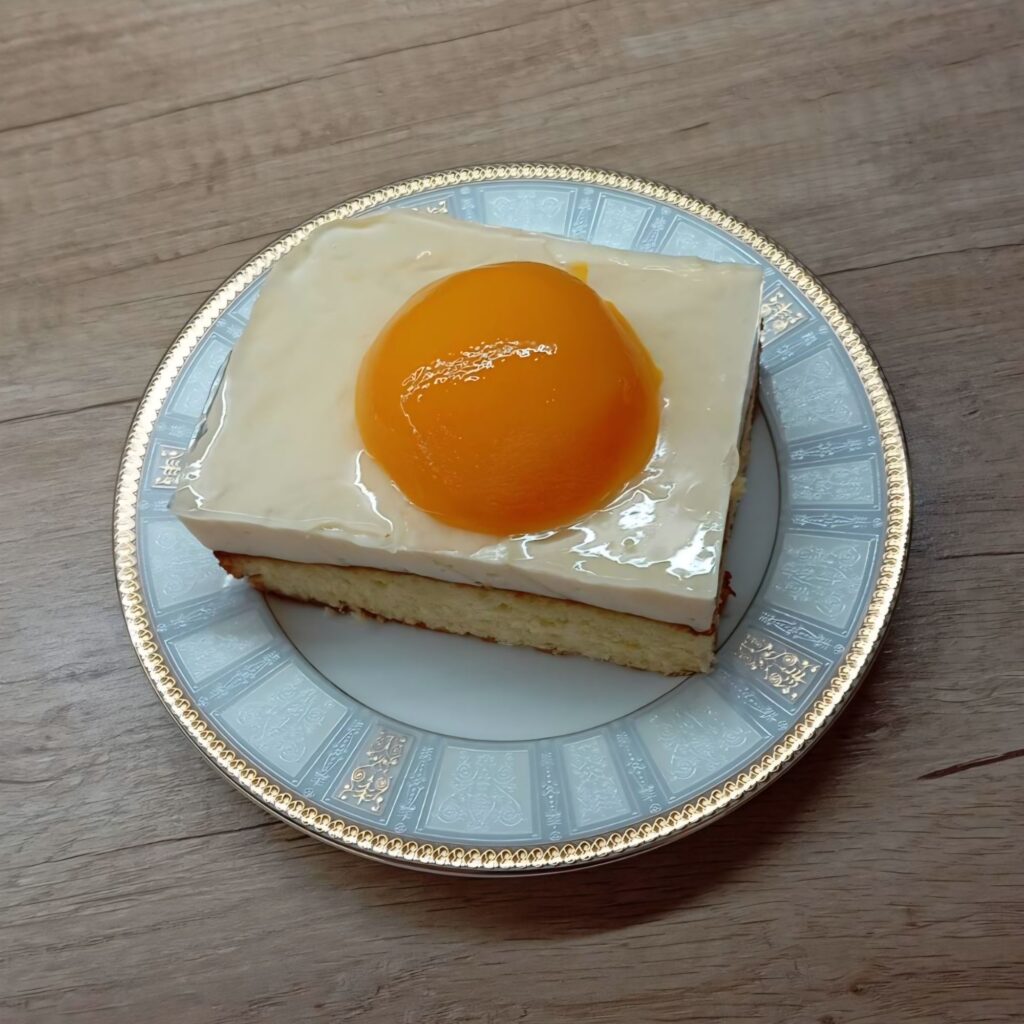 Served slice of Peach Custard Cake Delight with creamy layer and peach half on top.