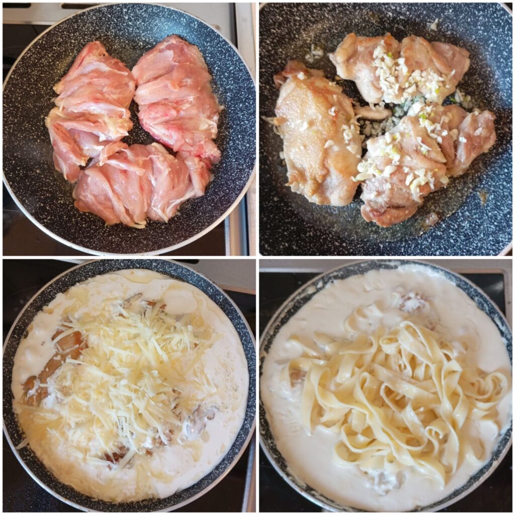Four preparation steps showing chicken cooking in a pan, sliced garlic added over meat, cream and cheese mixed into sauce, and cooked tagliatelle combined at the end.