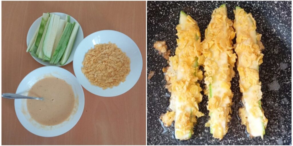 Combined images showing sliced zucchini strips with egg mixture and crushed cornflakes, alongside zucchini strips frying in hot oil.