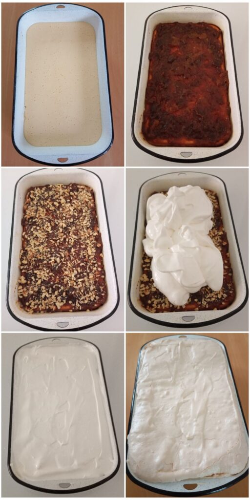 Six combined preparation images showing batter mixing, baked cake layer, spreading fig marmalade, adding chopped walnuts, covering with egg white topping, and final baking in the tray.