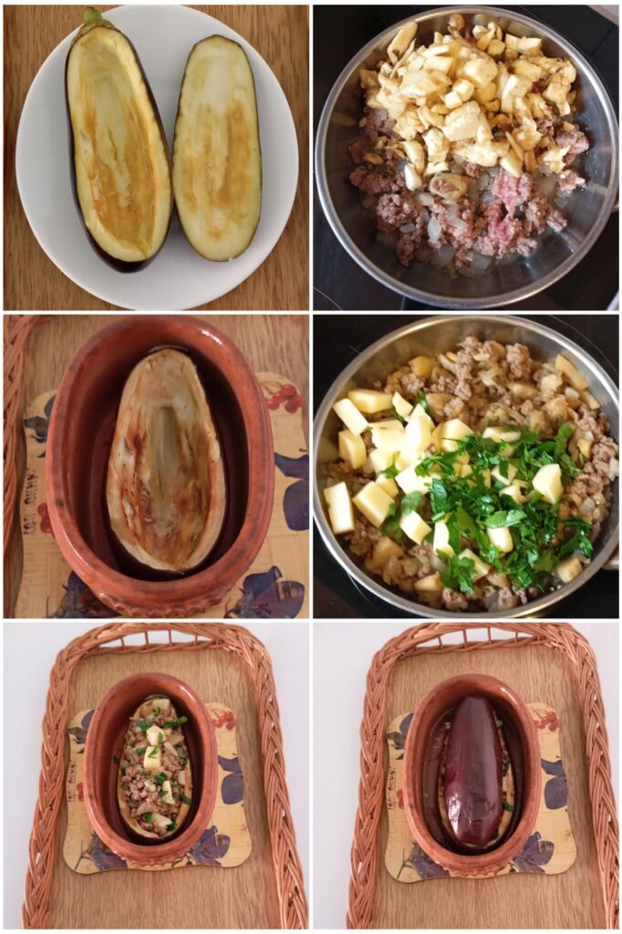 Collage of preparation steps for stuffed eggplant with meat and cheese showing filling, baking, and serving process in a ceramic dish.