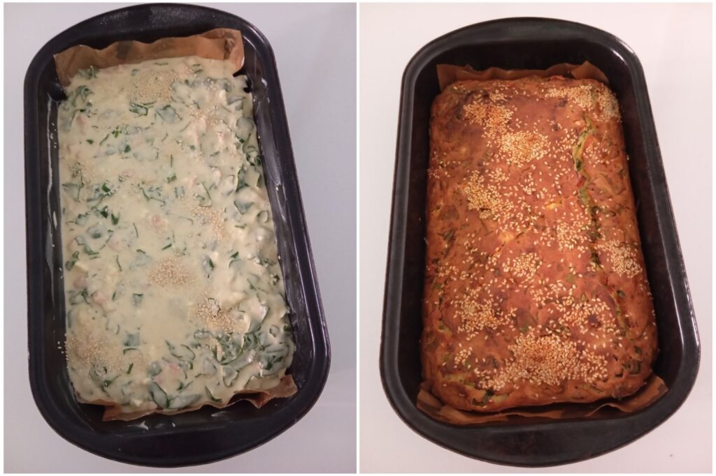 Side by side view of savory cheese ham loaf batter in a baking pan before baking and the finished golden loaf after baking with sesame topping.