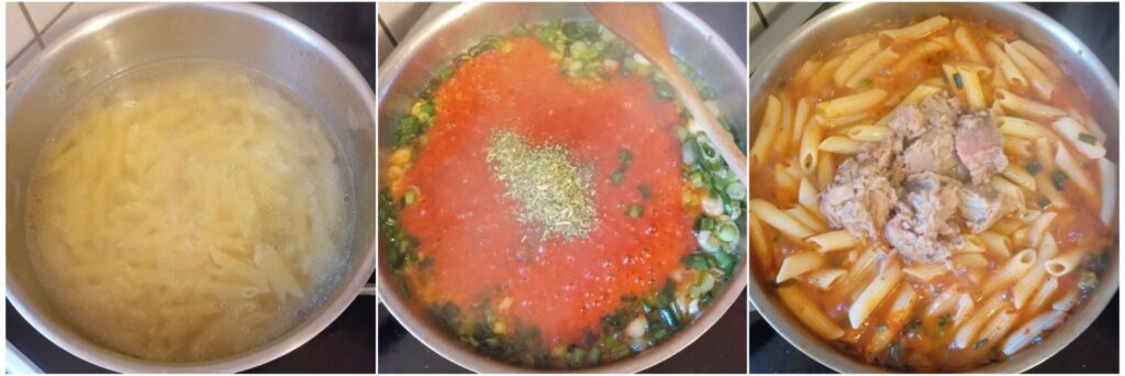 Collage showing the preparation of Creamy Tuna Pasta Delight with boiling macaroni, tomato puree and spices cooking with young onion, and tuna added at the end.